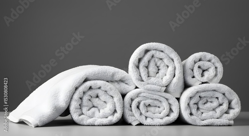 Neatly Rolled White Towels with One Folded Towel on a Surface

