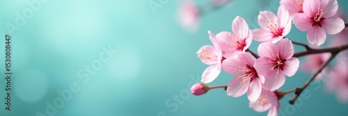 Delicate pink cherry blossoms, soft focus, turquoise backdrop , macro, floral, vibrant