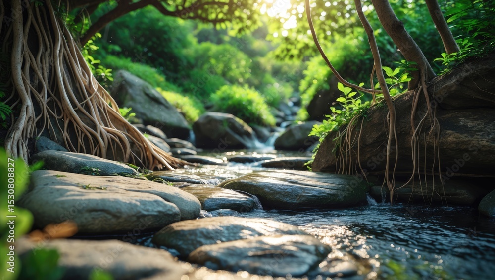 Fototapeta premium A peaceful forest stream moves over rocks and roots amid abundant greenery.