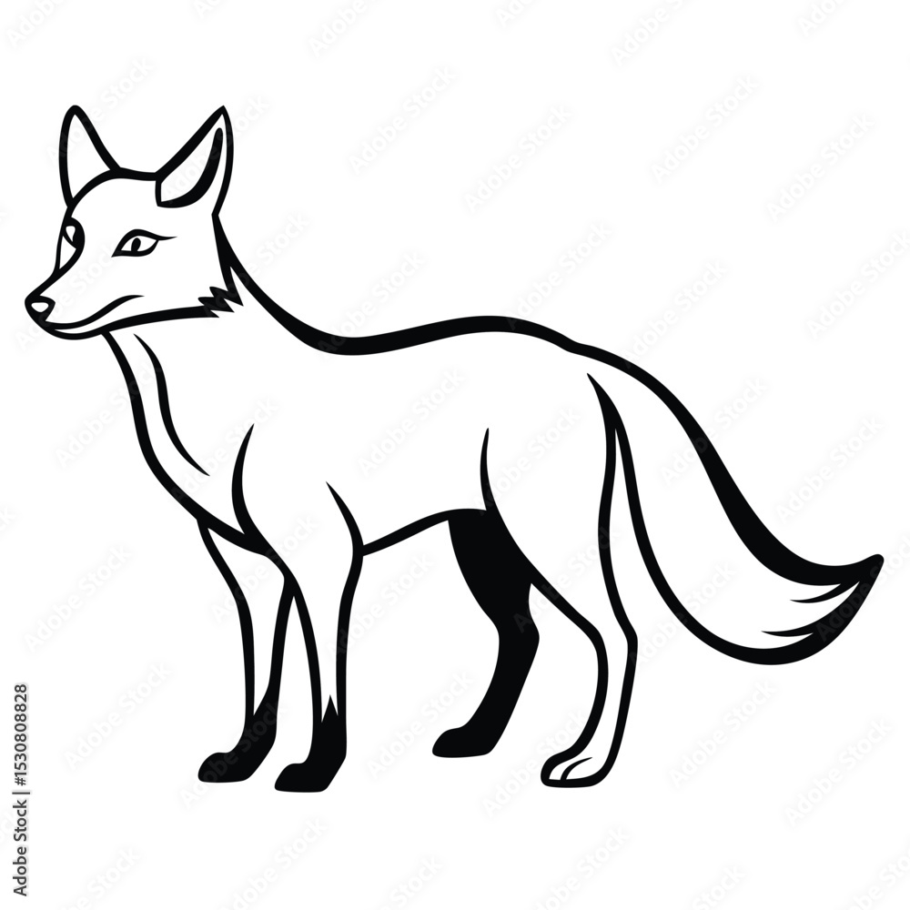Stylized fox with black outlines attentively watches something on a white background Stylized fox with black outlines attentively watches something on a white background