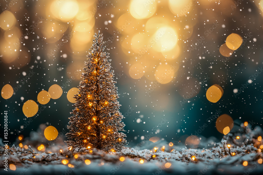 Naklejka premium Festive winter scene with snow-covered Christmas tree and glowing lights in bokeh background