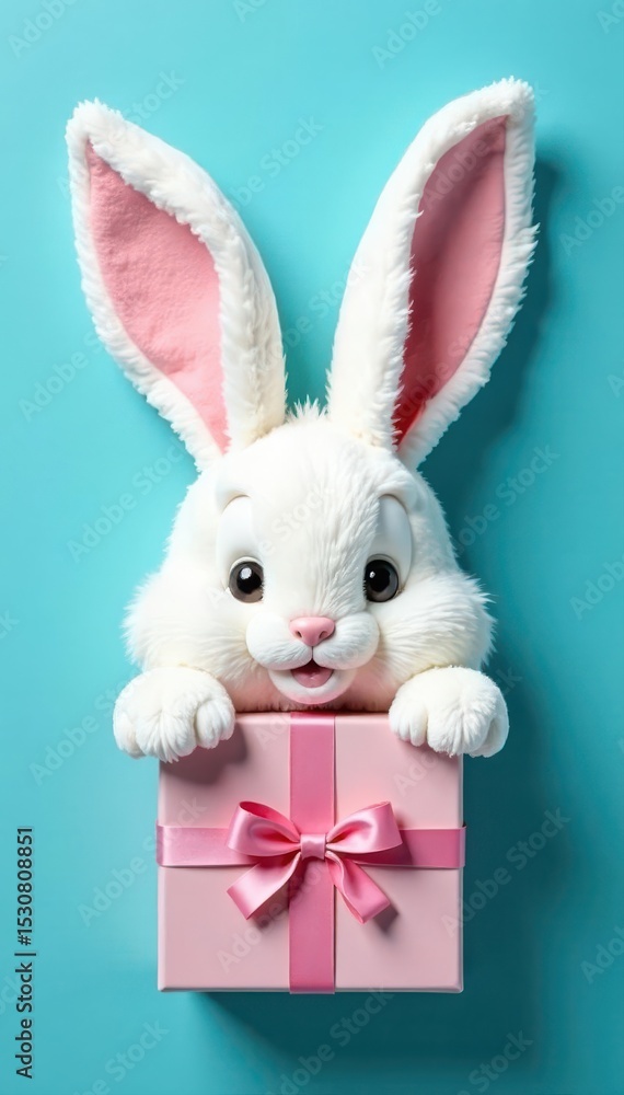 Obraz premium Fluffy Easter bunny ears, gift box, blue background Top view , element, texture