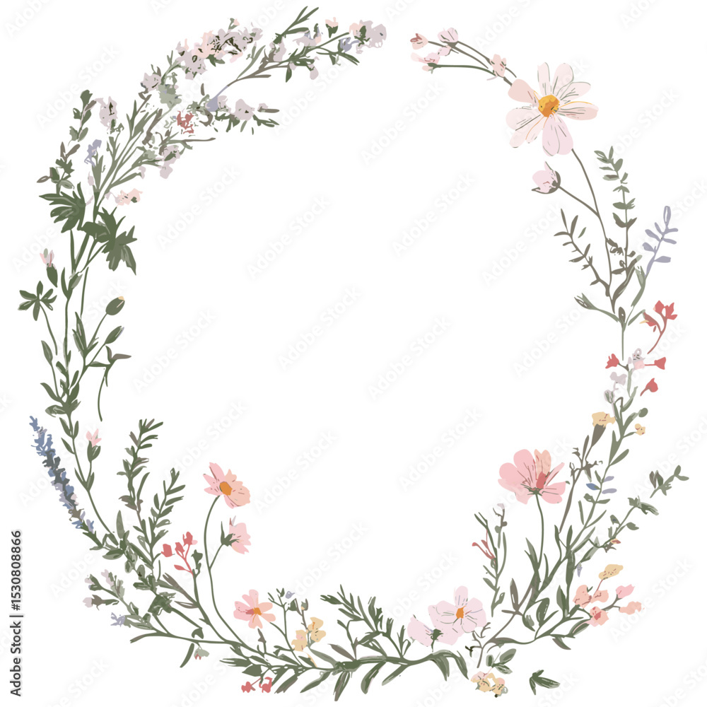 Fototapeta premium Hand drawn floral frame, greeting card with flowers for birthday or wedding, vector illustration, rustic flower art, elegant botanical border, wildflowers clipart, png, romantic garden theme.