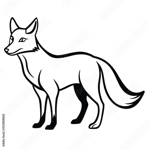 Stylized fox with black outlines attentively watches something on a white background