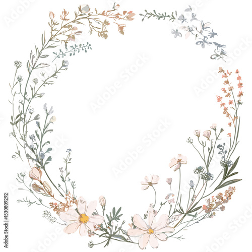 Wildflowers hand drawn, floral frame, greeting card with flowers, invitation card for wedding or birthday, vector illustration, botanical design, transparent background, rustic floral art.