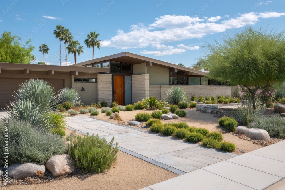 Fototapeta premium Modern house with desert landscaping on white background