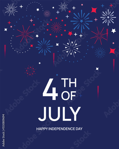 4th of July , USA Independence Day square banner. Red, white and blue fireworks on the dark blue background. USA Independence Day template for social media and typography. 