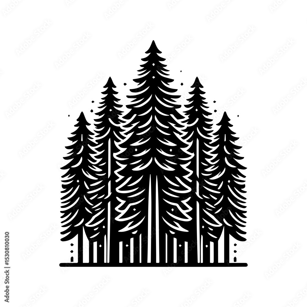 Obraz premium Bold wilderness landscape logo featuring silhouette of lush pine forest with dramatic evergreen profiles in monochrome