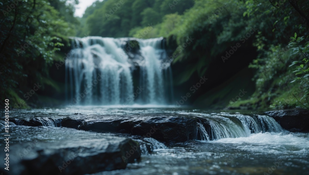 Fototapeta premium A tranquil waterfall cascading over rocks within a lush forest, captured using long exposure to achieve a smooth water effect.