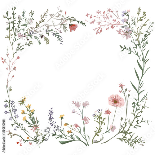 Wildflowers hand drawn floral frame, greeting card with flowers, invitation card for wedding, birthday, holiday, vector illustration, rustic design, spring bouquet, garden decor.