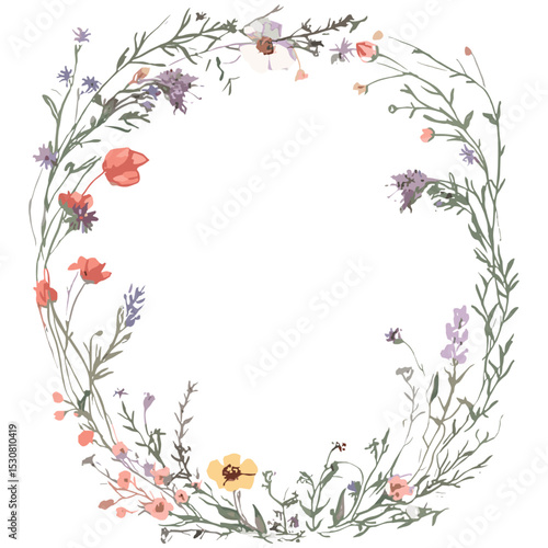 Hand drawn wildflowers, floral frame for greeting card, invitation for wedding, birthday, holiday event, vector illustration, rustic flowers, nature-inspired design.
