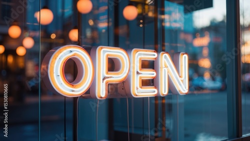 A shop window displaying an illuminated open sign in red and white lights.