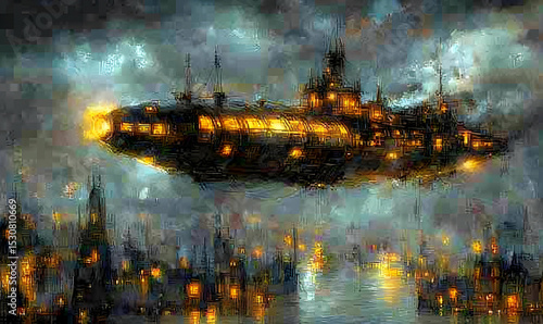 Illuminated Airship Soaring Over a Nocturnal Cityscape
