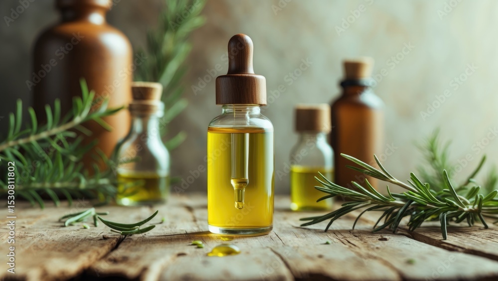 Close-up of aromatic essential oil in a bottle and pipette, with rosemary on a wooden table. Close-up of aromatic essential oil in a bottle and pipette, with rosemary on a wooden table.