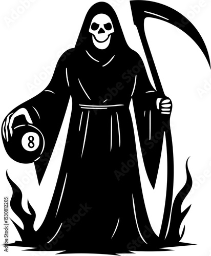 grim reaper silhouette vector illustration carrying 8 ball and sickle, Isolated on white