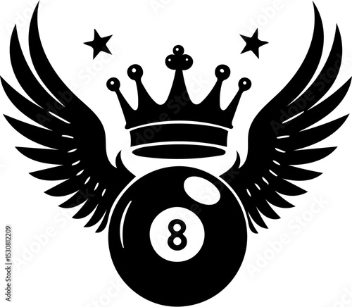 silhouette vector illustration of a billiard ball number 8 with wings and crown, Isolated on white