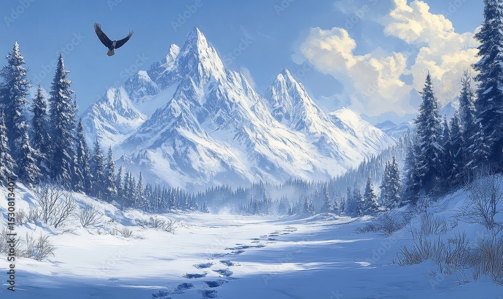 Fototapeta premium serene mountain pass with snow-covered peaks, an eagle soaring high above, and footprints trailing through the snow, Generative AI