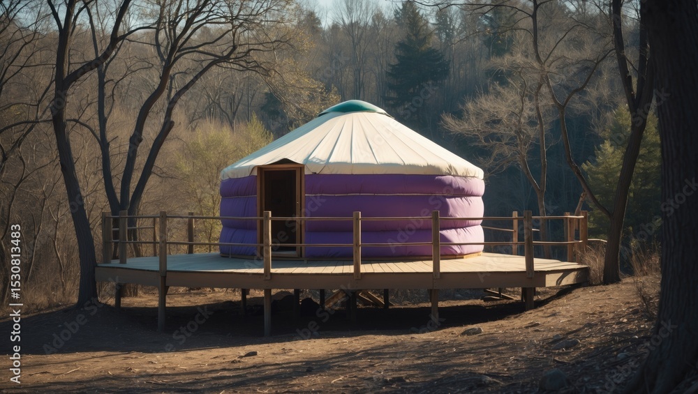 custom made wallpaper toronto digitalA yurt situated on an elevated platform within a wooded area, perfect for themes of nature retreats and alternative living.