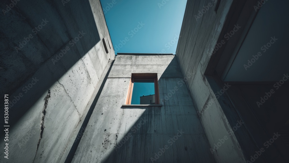 Fototapeta premium A weathered concrete building featuring a lone window, streaked walls, and a mounted streetlight, positioned before a bright blue sky and contemporary structures.