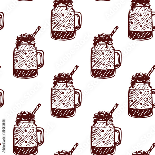 Seamless vector pattern featuring beverages in mugs with straw and whipped cream