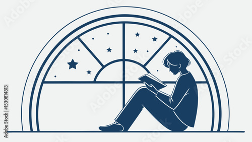 Illustration of a person reading a book by a window with stars at night in blue and white colorscheme