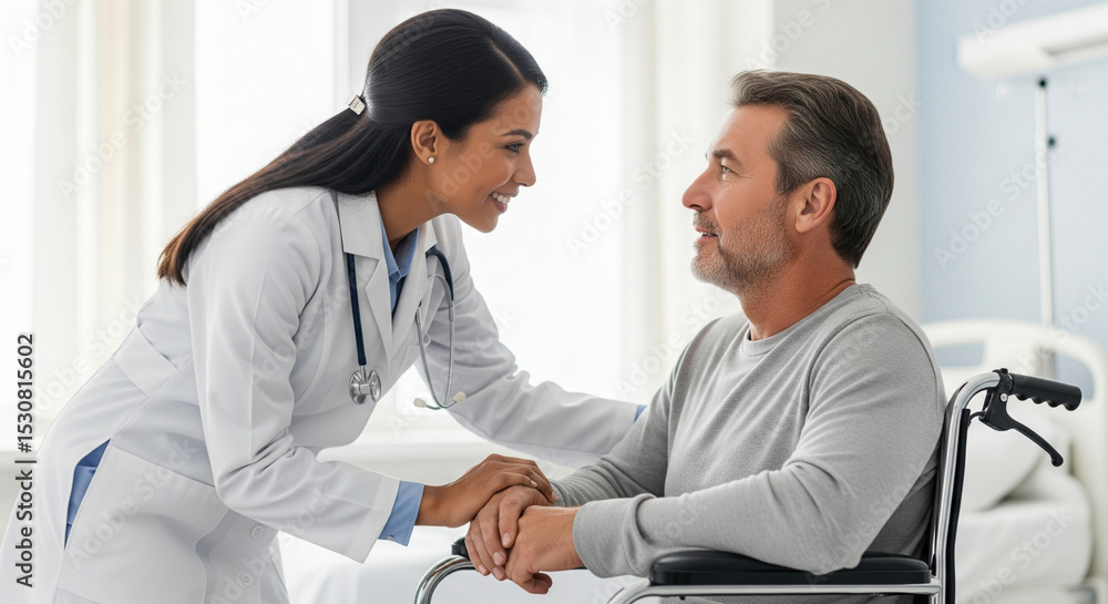 Fototapeta premium Doctor and patient in wheelchair talking. Rehabilitation and medical treatment concept