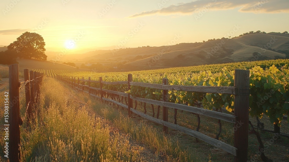 Fototapeta premium serene evening at a countryside vineyard with ripe grapes on the vines, a wooden fence, and the golden glow of the sunset, Generative AI