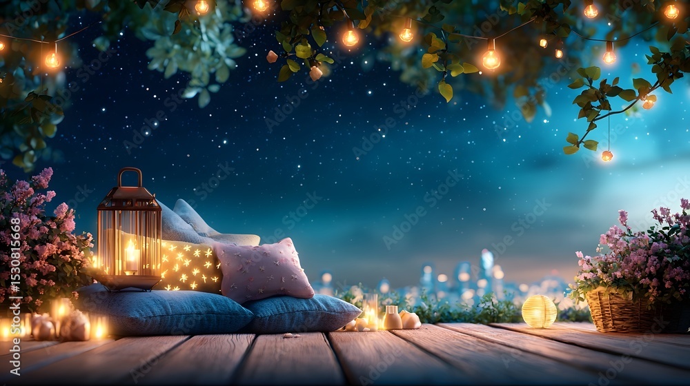 A cozy and festive rooftop party scene with glowing lanterns plush cushions and a twinkling cityscape in the distance A cozy and festive rooftop party scene with glowing lanterns plush cushions and a twinkling cityscape in the distance
