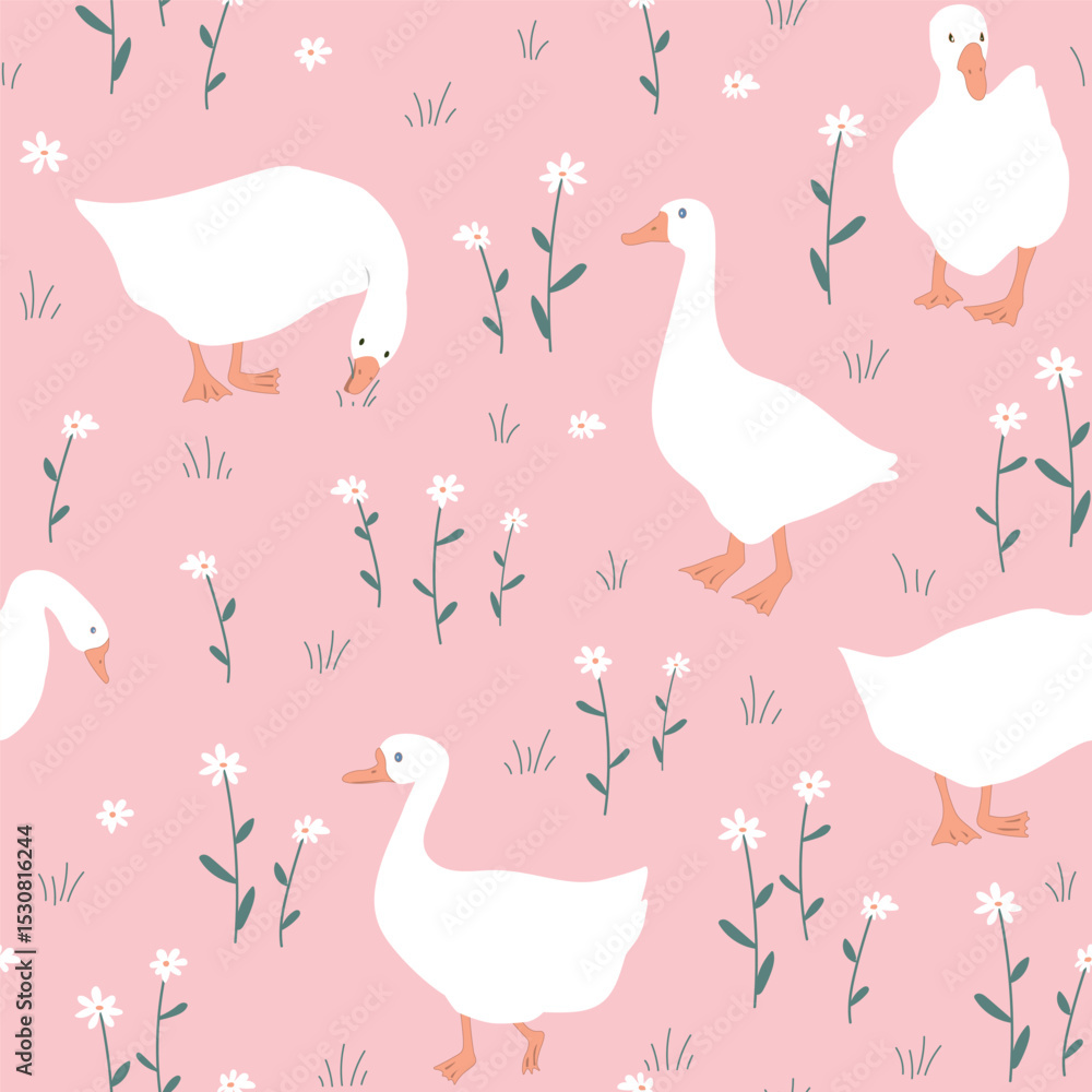 custom made wallpaper toronto digitalHand drawn nursery pattern with cute cartoon goose and daisy flowers. Seamless vector background.