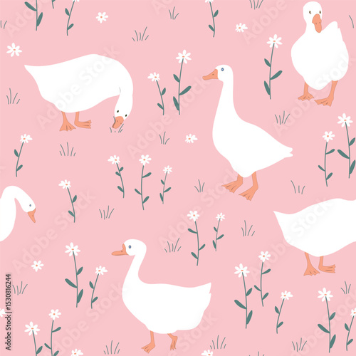 Wall Mural Hand drawn nursery pattern with cute cartoon goose and daisy flowers