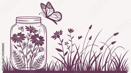 Illustration of a mason jar filled with flowers and a butterfly flying above it in a field scene