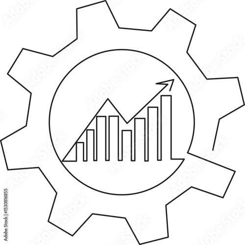 Continuous one single line drawing Productivity bar chart inside gear. Vector illustration concept. Marketing productivity progress, Profit market trend management, Editable Stroke