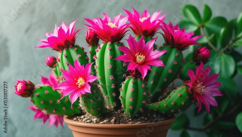 Wallpaper Mural Beautiful False Christmas Cactus beginning to bloom with Pink flowers. Green foliage. Portrait Torontodigital.ca