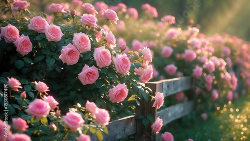 Fototapeta Naklejka Na Ścianę i Meble -  A pink climbing rose, Rosa 'Manita', in a garden environment.
