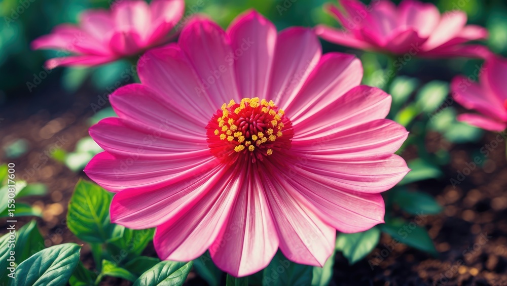 Obraz premium A pink zinnia flower in the garden setting.