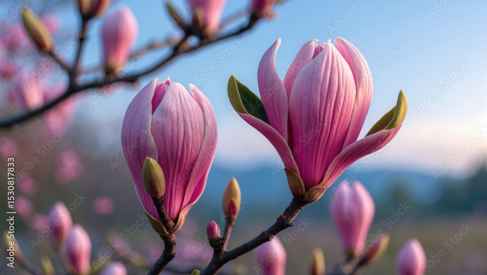 Fototapeta premium Beautiful Magnolia tree with blossoming flowers and bokeh background 9