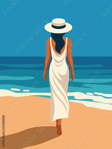 Summer holidays. Vector illustration woman in hat, on vacation in white beach tunic dress walks along the beach. Woman back view. Sea, sky, tan, sandy shore, girl
