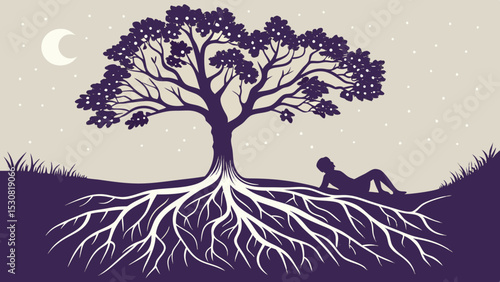 Silhouette of a person lying under a tree with visible roots under a crescent moon and starry sky night