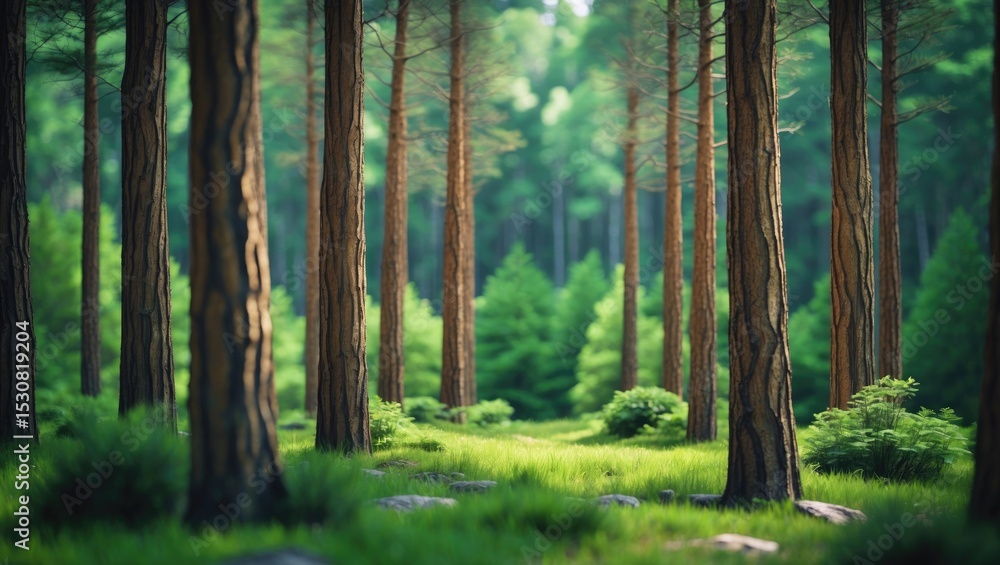 Naklejka premium A forest scene featuring pine trees and green grass on either side.
