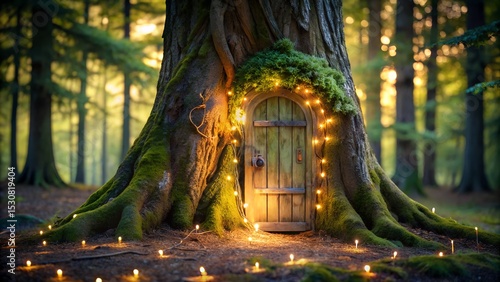 Tiny door at the base of a tree with fairy lights