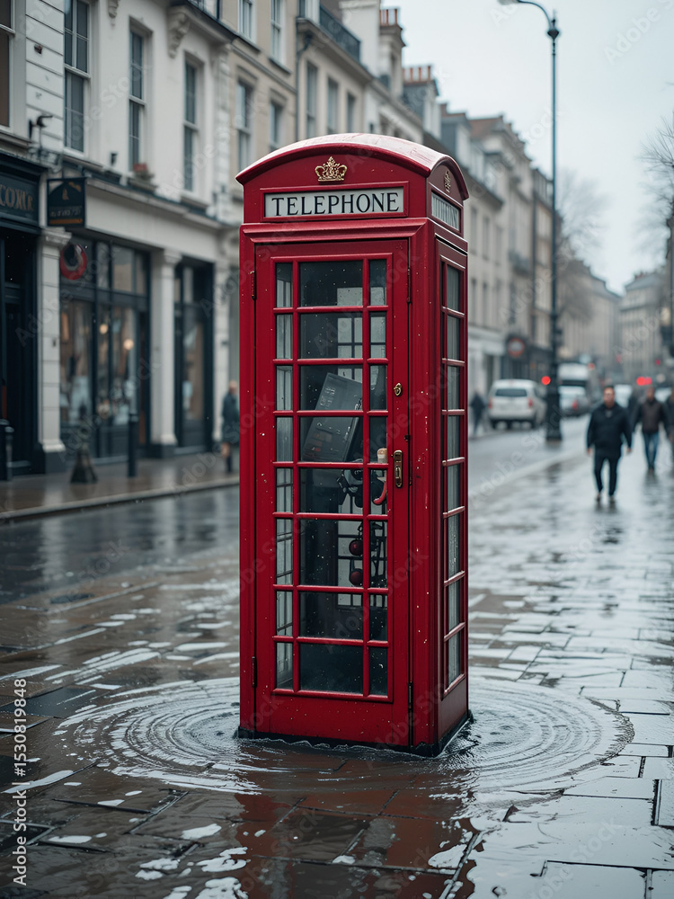 Obraz premium A quaint red telephone box stands in a flooded street, evoking resilience and nostalgia amidst challenging weather conditions.