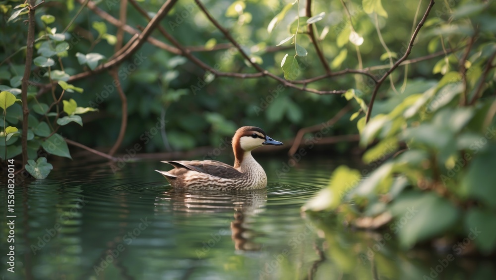 A small grebe resting on the surface of a softly flowing river, encircled by dense greenery. A small grebe resting on the surface of a softly flowing river, encircled by dense greenery.