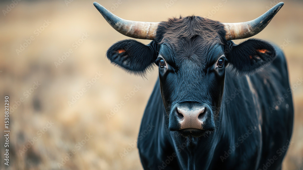 Naklejka premium Cattle grazing in a field farm landscape wildlife photography natural environment close-up view horns highlighted