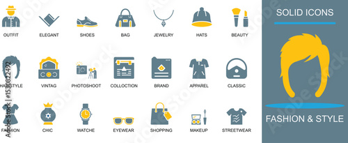 Solid fashion and style icon set. Featuring cosmetics, shoes, bag, outfit, jewelry, hats, beauty, hairstyle, vintage, photoshoot.

