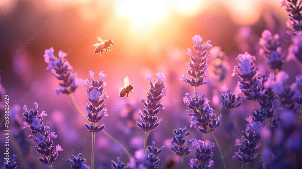 Fototapeta premium tranquil field of lavender swaying gently in the breeze under a soft pink sunset with bees buzzing around the flowers, Generative AI