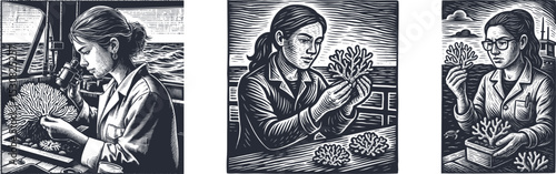 Vintage Woodcut Style Engraving of Female Marine Biologist Studying Coral Samples on Research Vessel – Ocean Science, Conservation, and Marine Life Illustration