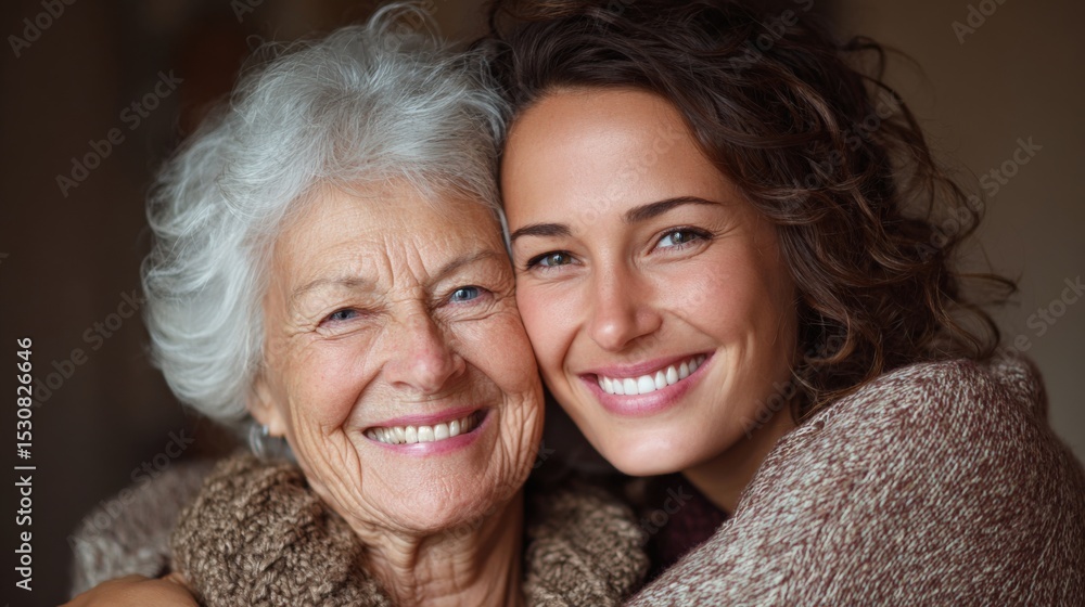 Close-up portrait of senior woman smiling while being hugged by her daughter.. Close-up portrait of senior woman smiling while being hugged by her daughter..