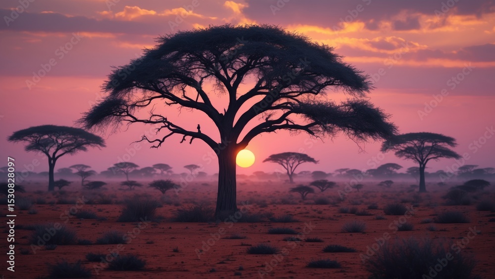 Obraz premium Crimson sunrise over a thorn tree at dawn.