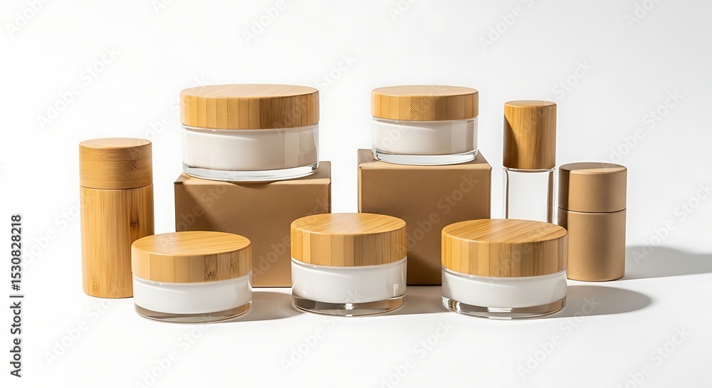 Eco-friendly cosmetic jars made of bamboo and glass, arranged on a display. Eco-friendly cosmetic jars made of bamboo and glass, arranged on a display.