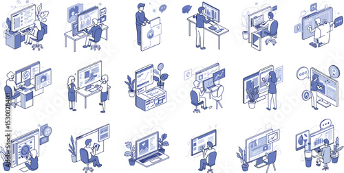 Isometric business illustration set, people working with computers, digital interface design, data analysis, creative workflow, remote office, online collaboration tools

 flat vector illustration